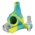 A close-up shows the Silicone Hand Pipe with Glass Bowl, featuring a blue and yellow pipe with a clear glass bowl beside it.