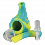 Front view of the Silicone Hand Pipe with Glass Bowl, showing a blue and yellow pipe with a clear glass bowl attached.