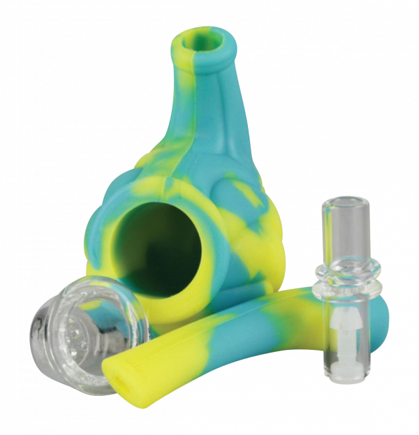 Front view of the Silicone Hand Pipe with Glass Bowl, showing a blue and yellow pipe with a clear glass bowl attached.
