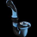 A detailed side view of the Silicone Saxophone Sherlock Hand Pipe, showcasing its curved form and dark coloring against a plain background.