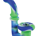 A side view of the Silicone Saxophone Sherlock Hand Pipe, showcasing its curved form in shades of blue and green.