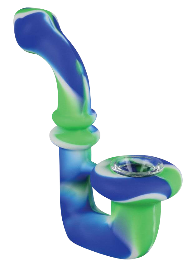 A side view of the Silicone Saxophone Sherlock Hand Pipe, showcasing its curved form in shades of blue and green.