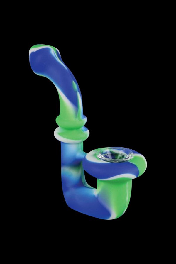 A slightly angled view of the Silicone Saxophone Sherlock Hand Pipe, showcasing its curved form and smooth, textured surface.