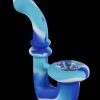 A side view of the Silicone Saxophone Sherlock Hand Pipe, showcasing its curved design and blue coloration.