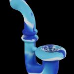 A side view of the Silicone Saxophone Sherlock Hand Pipe, showcasing its curved design and blue coloration.