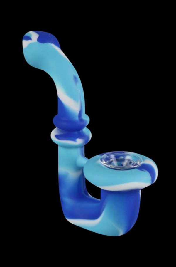 A side view of the Silicone Saxophone Sherlock Hand Pipe, showcasing its curved design and blue coloration.