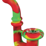 A close-up view of the Silicone Saxophone Sherlock Hand Pipe, showcasing its curved design and textured, multicolored surface.