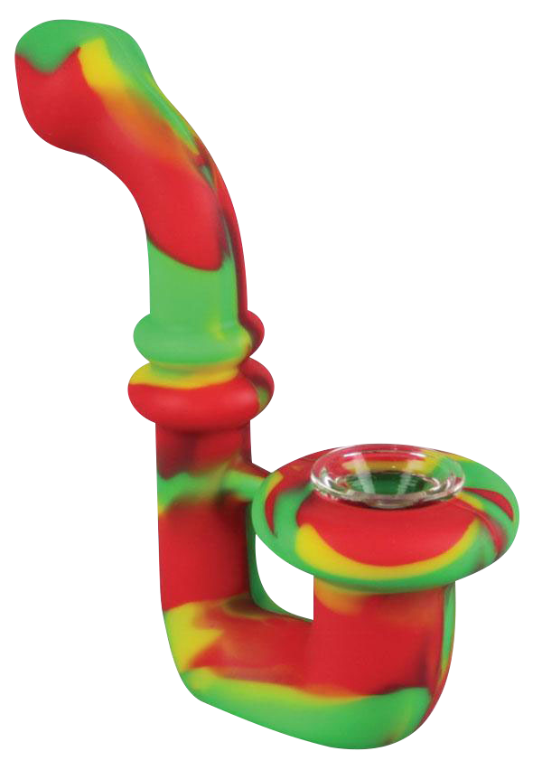 A close-up view of the Silicone Saxophone Sherlock Hand Pipe, showcasing its curved design and textured, multicolored surface.