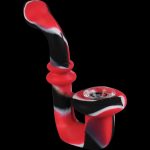 A studio shot of the Silicone Saxophone Sherlock Hand Pipe, showing the colorful, curved design from a slightly angled front view.