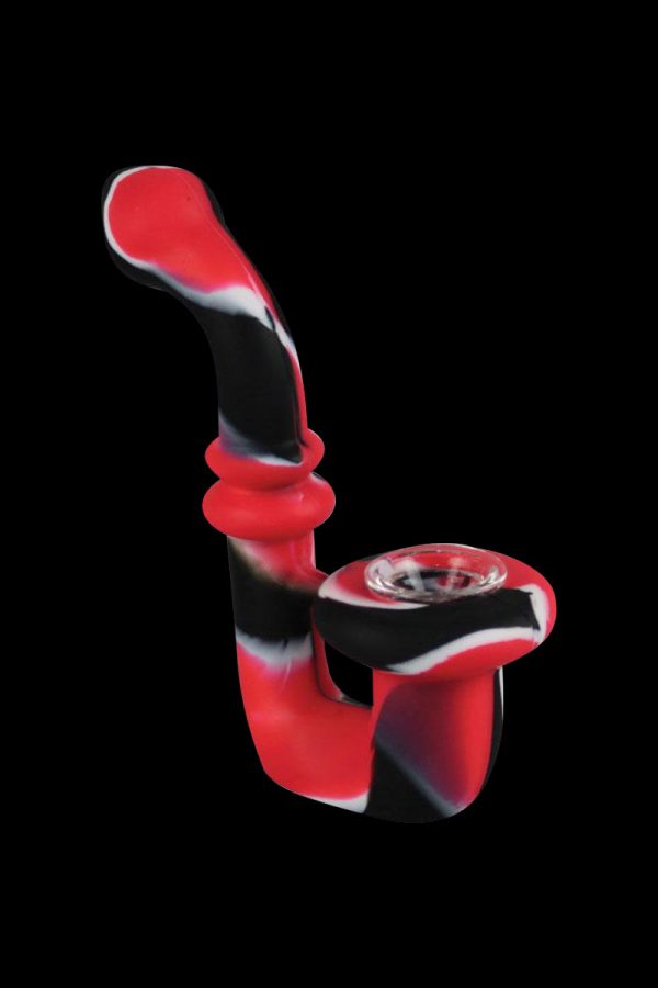 A studio shot of the Silicone Saxophone Sherlock Hand Pipe, showing the colorful, curved design from a slightly angled front view.