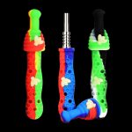 A diagonal view of the Silicone UV Honeybee Vapor Straw with Cap, featuring a colorful, patterned design against a black background.