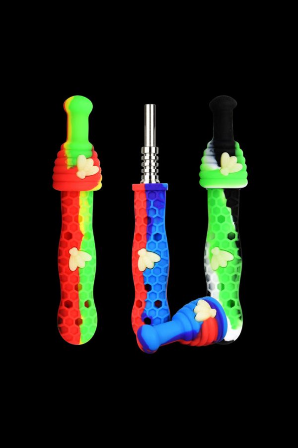 A diagonal view of the Silicone UV Honeybee Vapor Straw with Cap, featuring a colorful, patterned design against a black background.