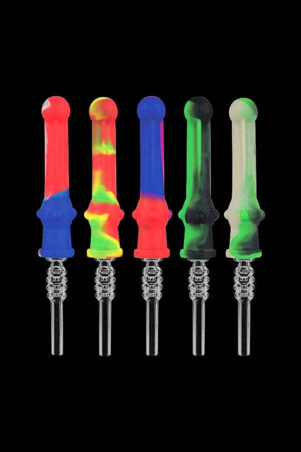 A side view of the Silicone Vapor Straw with Quartz Tip, showing a collection of colorful straws against a black background.