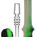 A close-up, angled view of the Silicone Vapor Straw with Quartz Tip, showing the clear straw and green silicone grip.