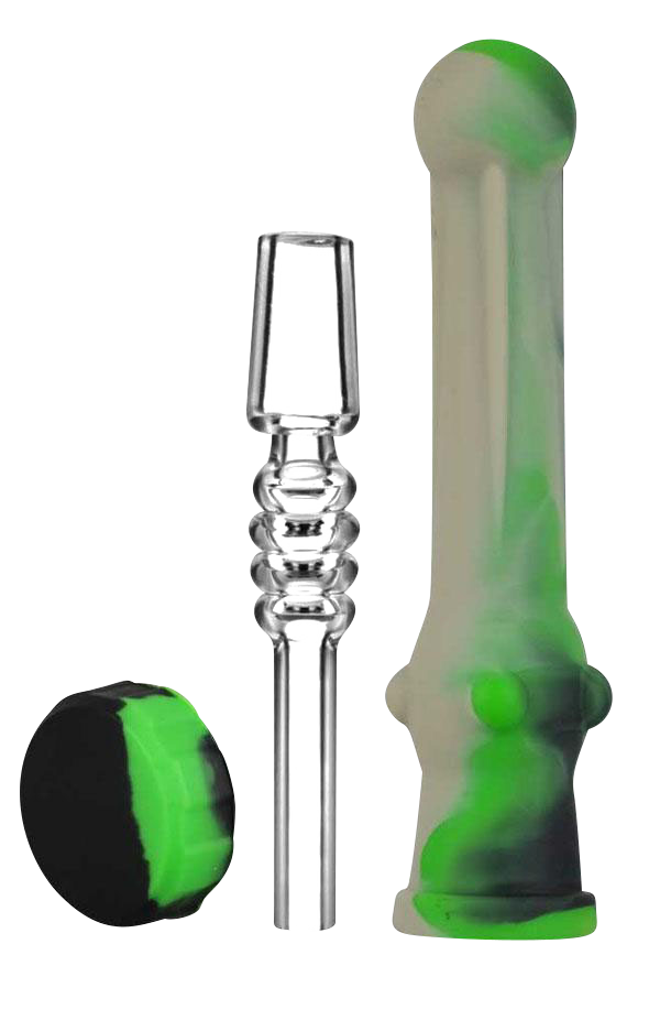 A close-up, angled view of the Silicone Vapor Straw with Quartz Tip, showing the clear straw and green silicone grip.