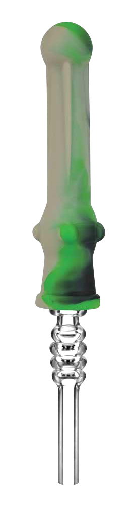 A close-up, angled view of the Silicone Vapor Straw with Quartz Tip, showcasing its slender profile and metallic tip.