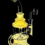 A three-quarter view of the Silver Fumed Scientific Oil Dab Rig - Circ Stack, showcasing its stacked perc design and silver fume coloring.