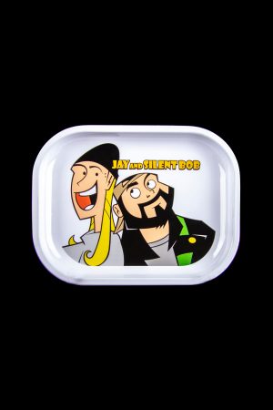 Metal rolling tray featuring cartoon illustrations of Jay and Silent Bob with the text “Jay and Silent Bob”.
