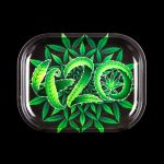Clear rolling tray displaying the number "420" formed with cannabis leaves against a black background.