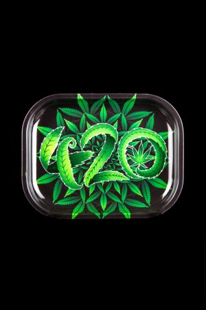Clear rolling tray displaying the number "420" formed with cannabis leaves against a black background.