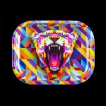Colorful geometric lion-themed rolling tray against a black background.