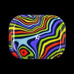 Psychedelic rolling tray with swirling colorful stripes and a white star logo.