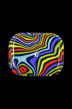 Psychedelic rolling tray with swirling colorful stripes and a white star logo.
