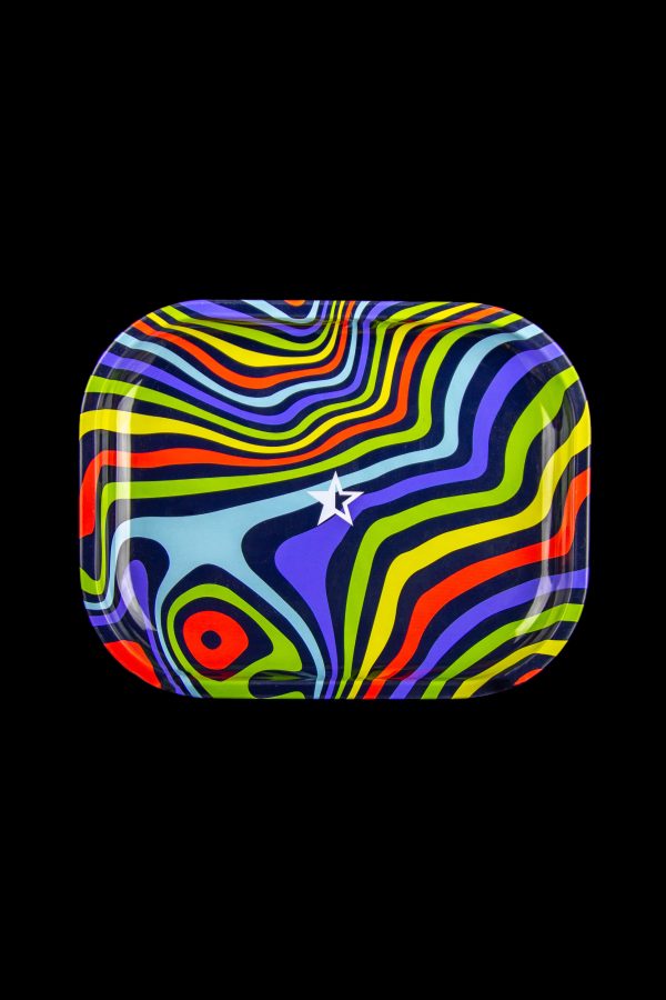Psychedelic rolling tray with swirling colorful stripes and a white star logo.