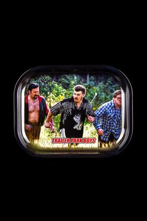Metal rolling tray featuring Ricky, Julian, and Bubbles from *Trailer Park Boys* running through a field, with the show's logo overlaid on the grass.
