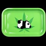Overhead view of the Smoking Panda Rolling Tray featuring a cartoon panda design on a rectangular metal surface.
