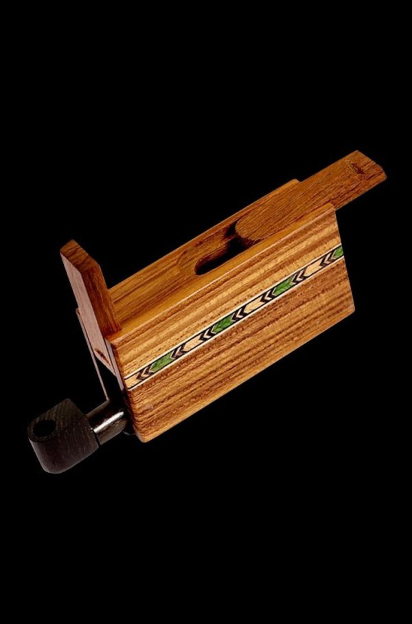 A slightly angled view of the Sneaky Tokes Teakwood Box with Ebony One Hitter, displaying the wood grain and compact size.