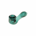 A side view of the “Puff Puff Pass “Sour Diesel” Strain Pipe, showcasing its curved shape and glossy finish.