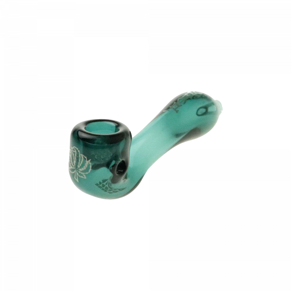 A side view of the “Puff Puff Pass “Sour Diesel” Strain Pipe, showcasing its curved shape and glossy finish.