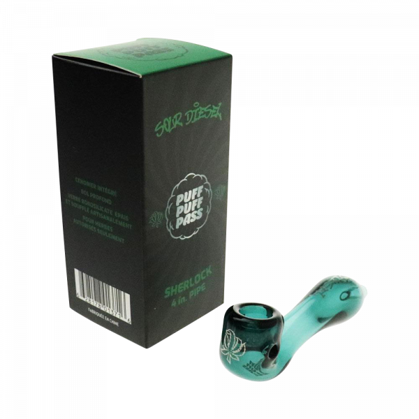Front view of the “Puff Puff Pass “Sour Diesel” Strain Pipe”, a clear glass pipe with bold text branding.