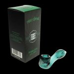 A close-up, angled view of the "Puff Puff Pass "Sour Diesel" Strain Pipe" showcasing its simple, curved glass design.