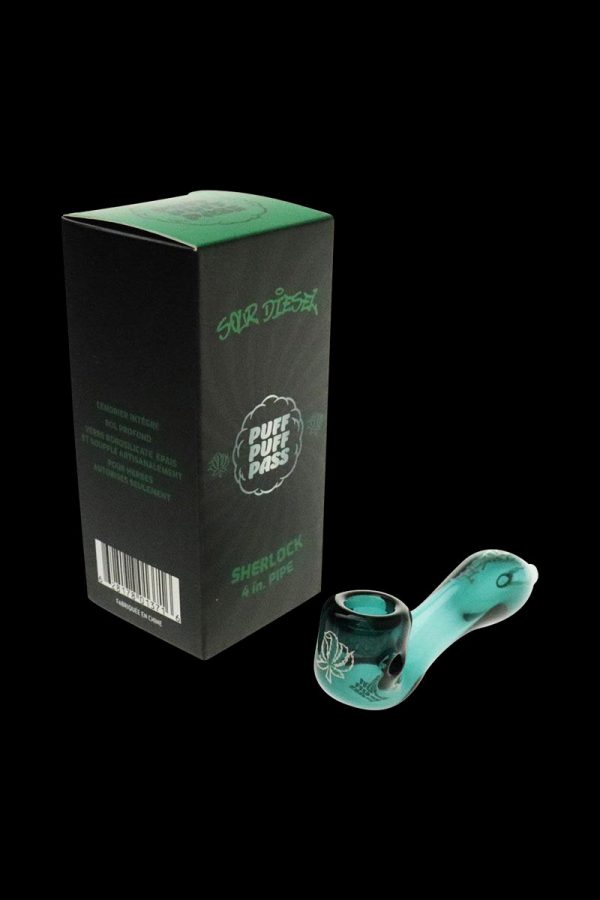 A close-up, angled view of the "Puff Puff Pass "Sour Diesel" Strain Pipe" showcasing its simple, curved glass design.
