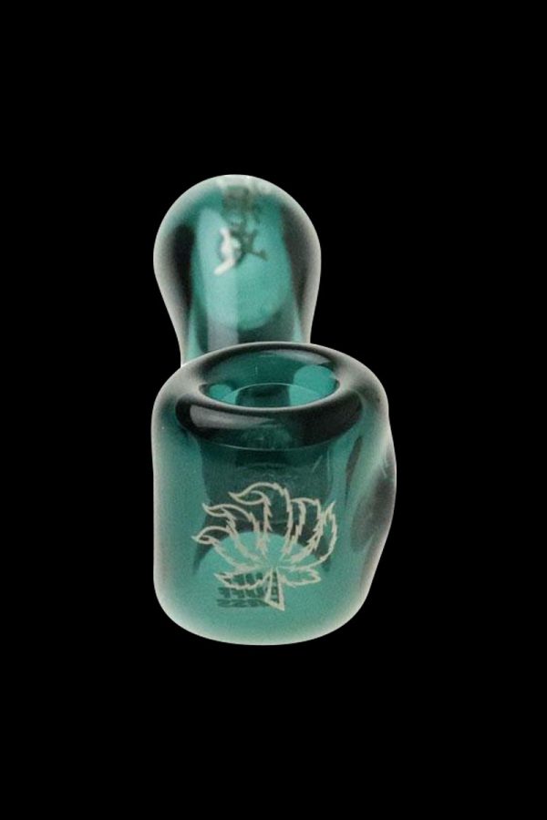 Front view of the “Puff Puff Pass “Sour Diesel” Strain Pipe, a curved glass pipe with a dark green hue.