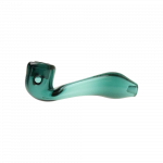 A side view of the "Puff Puff Pass "Sour Diesel" Strain Pipe, a curved, green glass pipe against a plain white background.