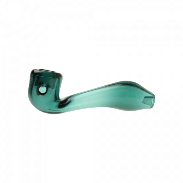 A side view of the "Puff Puff Pass "Sour Diesel" Strain Pipe, a curved, green glass pipe against a plain white background.