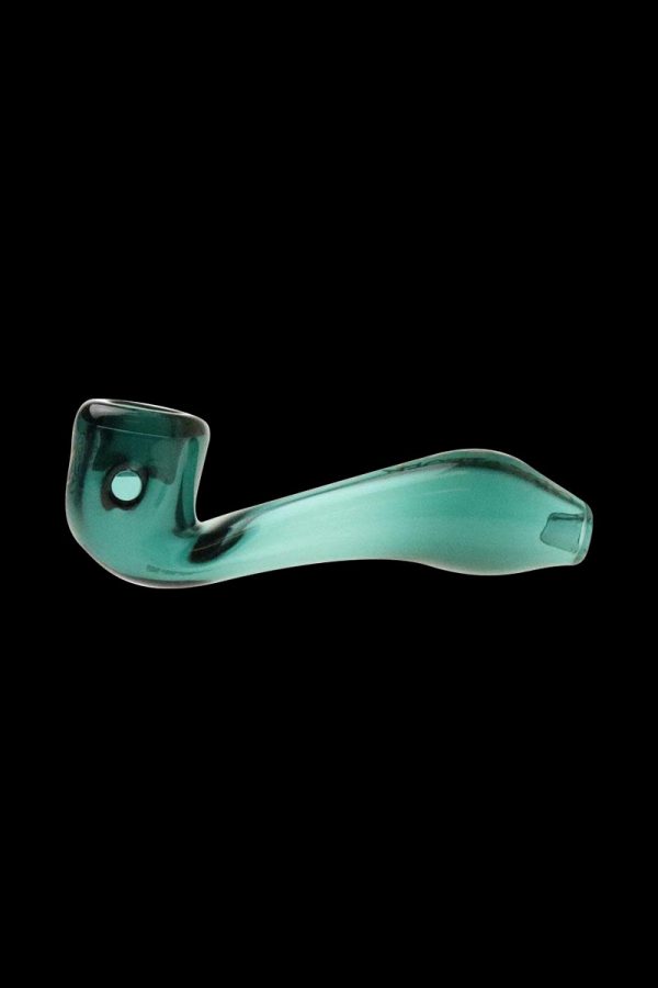 A side view of the “Puff Puff Pass “Sour Diesel” Strain Pipe, showcasing its curved shape and glossy finish.