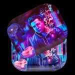 Neon-lit rolling tray featuring a man smoking with cannabis and accessories, digital art style.