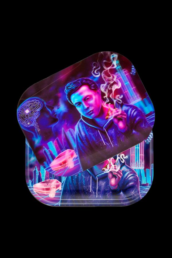 Neon-lit rolling tray featuring a man smoking with cannabis and accessories, digital art style.