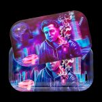 Neon-lit rolling tray featuring a portrait of a person smoking, with a futuristic cityscape background.