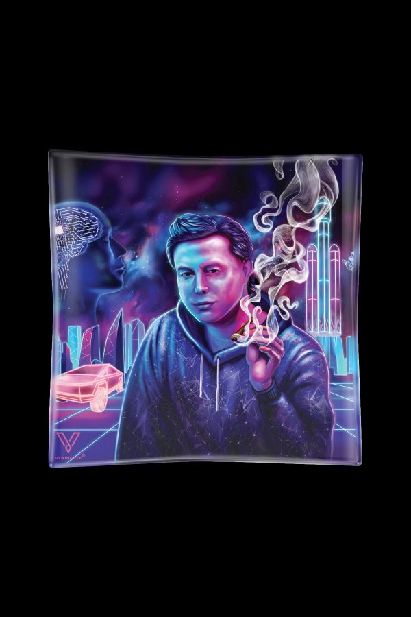 Neon-lit glass tray depicting a man smoking, with futuristic cityscapes and digital circuit patterns in a purple and blue color scheme.