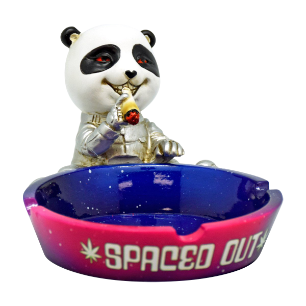 A close-up shows the Spaced Out Panda Ashtray, a white ceramic panda head with a dish-shaped opening for collecting ash.