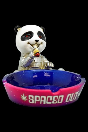 Close-up of the Spaced Out Panda Ashtray, a ceramic panda figure holding a dish for collecting ash.