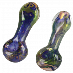A close-up, angled view of the Spattered Fumed Hand Pipe, showcasing its speckled glass finish and curved form.