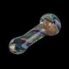 A three-quarter view of the Spiral Fumed Dicro Glass Hand Pipe with a spiraling, iridescent design against a dark background.