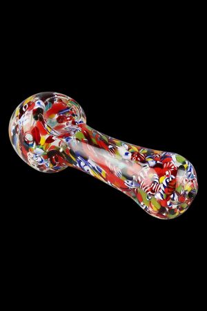 A close-up shot of the Splatter Frit Glass Hand Pipe, featuring colorful frit patterns on clear glass.