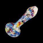 A side view of “The Paint Splatter” Colorful Frit Glass Pipe, showing its colorful speckled glass design.